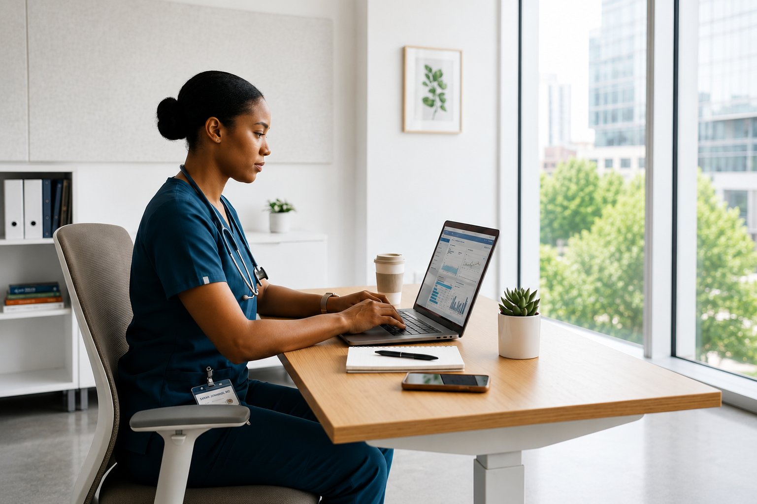 Healthcare professional using a laptop to manage digital patient orders in a medical office.